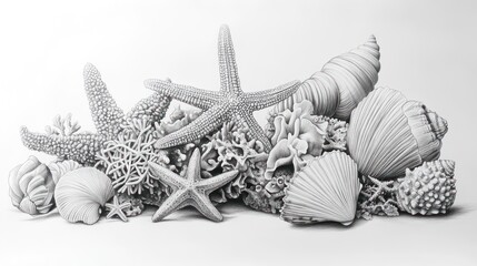 Seaside collection featuring starfish, coral, and shells, rendered in grayscale
