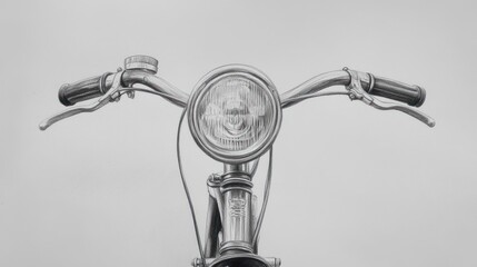 Close-up of an old bicycle's handlebar, featuring a light and brakes, rendered in grayscale