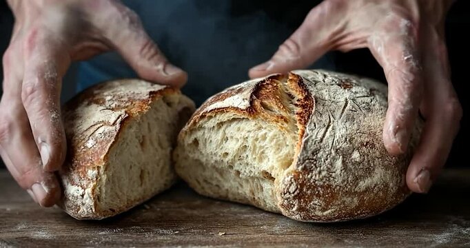 Hands gently holding a freshly baked loaf of bread cut in half on a rustic wooden board. Soft lighting highlights the textures of the bread. The flour creates a rustic feeling