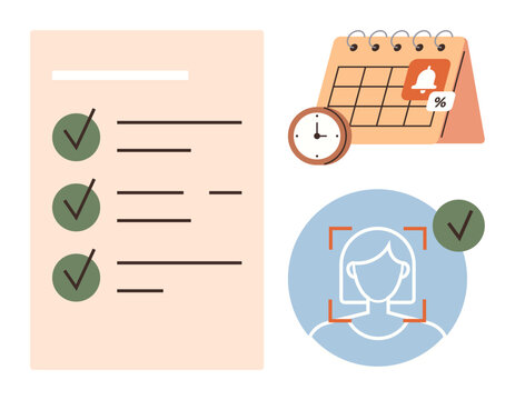 Checklist with green checkmarks, calendar with alarm and clock, facial recognition icon. Ideal for productivity, organization, scheduling, security, time management task planning workflow. Simple