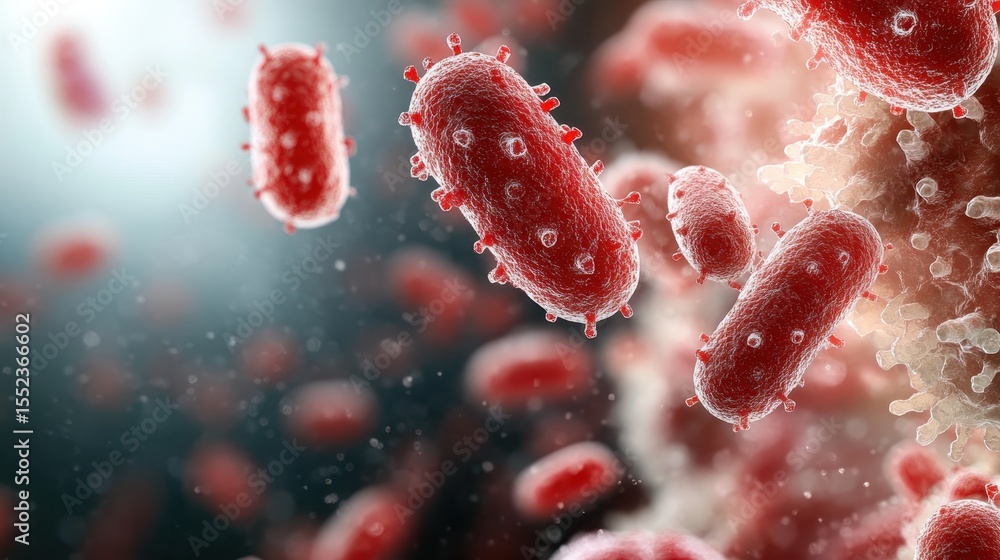 Poster an intricate microscopic depiction of red bacteria in a 3d environment showcasing vitality and the c