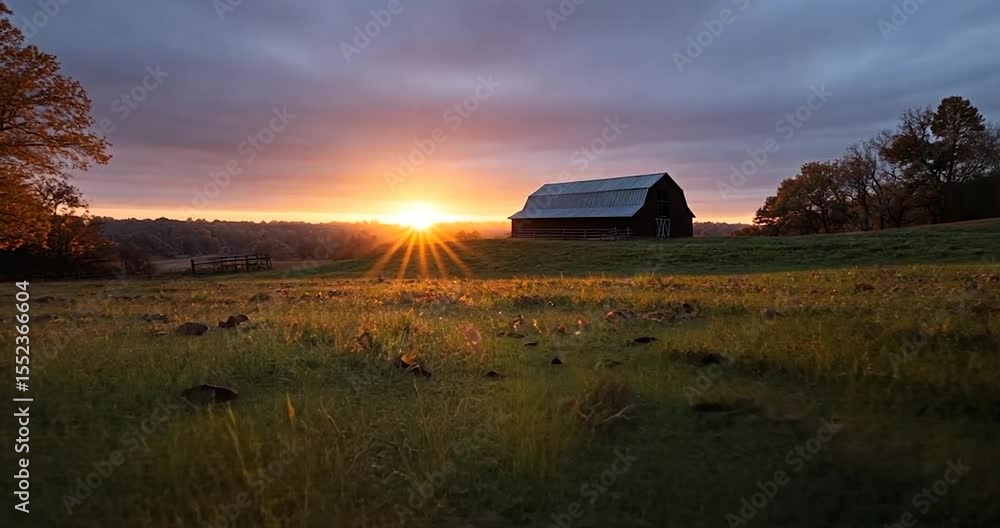 Poster video of a sunset with a rustic barn in a field surrounded by trees and grass, with fallen leaves in