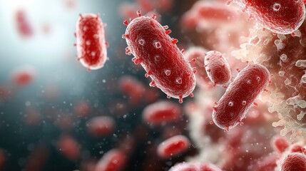 Fototapeta premium An intricate microscopic depiction of red bacteria in a 3D environment showcasing vitality and the complexity of life at a microscopic scale, perfect for scientific illustrations.