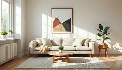scandinavian living room, beige sofa, round coffee table, geometric art, potted monstera, cozy neutral tones, minimalist decor