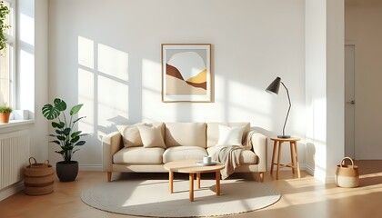 scandinavian living room, beige sofa, round coffee table, geometric art, potted monstera, cozy neutral tones, minimalist decor