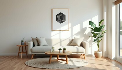 scandinavian living room, beige sofa, round coffee table, geometric art, potted monstera, cozy neutral tones, minimalist decor