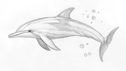 A detailed pencil sketch of a dolphin gracefully swimming, depicted in profile view against a plain white backdrop with subtle air bubbles