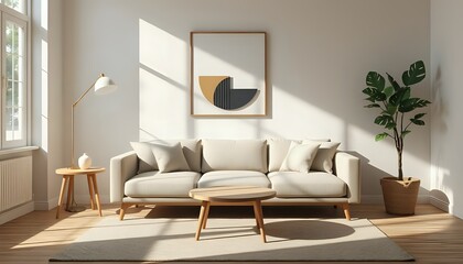 scandinavian living room, beige sofa, round coffee table, geometric art, potted monstera, cozy neutral tones, minimalist decor
