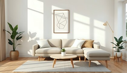 scandinavian living room, beige sofa, round coffee table, geometric art, potted monstera, cozy neutral tones, minimalist decor