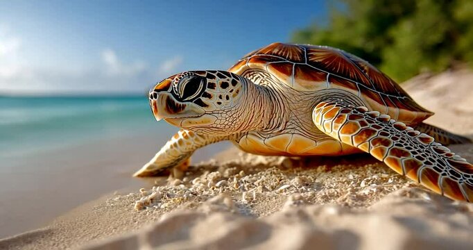 Video shot of a sea turtle on a sandy beach with turquoise water under a clear blue sky the turtle has brown and white shells
