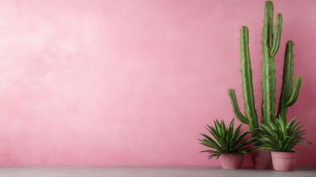 A vibrant scene showcasing tall cacti in terracotta pots against a soft pink wall, perfect for home decor inspiration and minimalistic aesthetic touches.