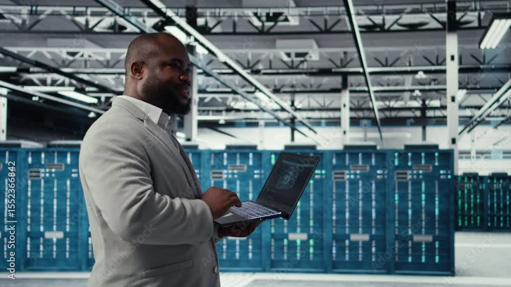 Poster data center software developer using tablet to do ai algorithms improvements. programmer in server h