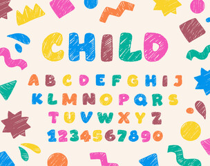 Crayon kids font. Cute doodle typescript with realistic pencil stroke texture. Fun and playful typography with alphabet letters and numbers. Hand drawn vector illustration isolated on background