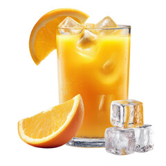 Fresh orange juice in a glass with ice and a lemon slice, a healthy and refreshing citrus drink