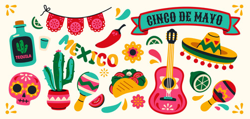 Naklejka premium Cinco de Mayo sticker set. Day of dead holiday celebration. Icons with maracas, skull, sombrero and traditional Mexican tortilla. Carnival in Mexico. Flat vector illustration isolated on background