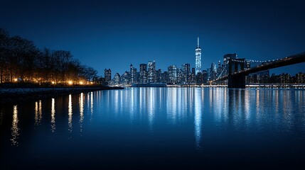 Fototapeta premium Nighttime cityscape of New York City reflected in the water.