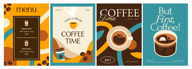 Coffee Poster Set. Minimal flyers with coffee beans, cups of hot espresso and mugs of coffee drink. Design for cafe or coffee shop menu. Flat vector illustration collection isolated on background