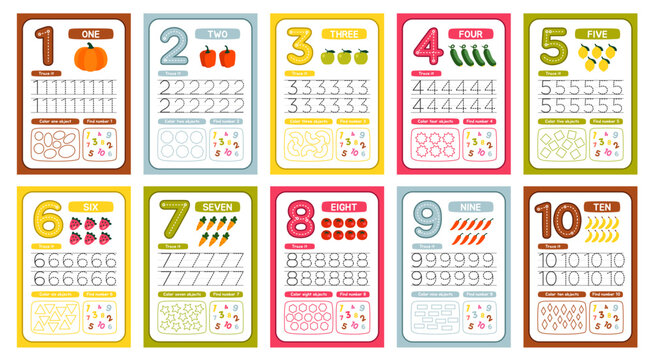 Activity worksheets for kids. Educational flashcards for elementary school to learn numbers from one to ten. Materials for preschoolers. Flat vector illustration collection isolated on background