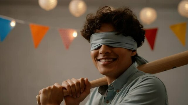 Blindfolded young man prepared to hit pinata during party