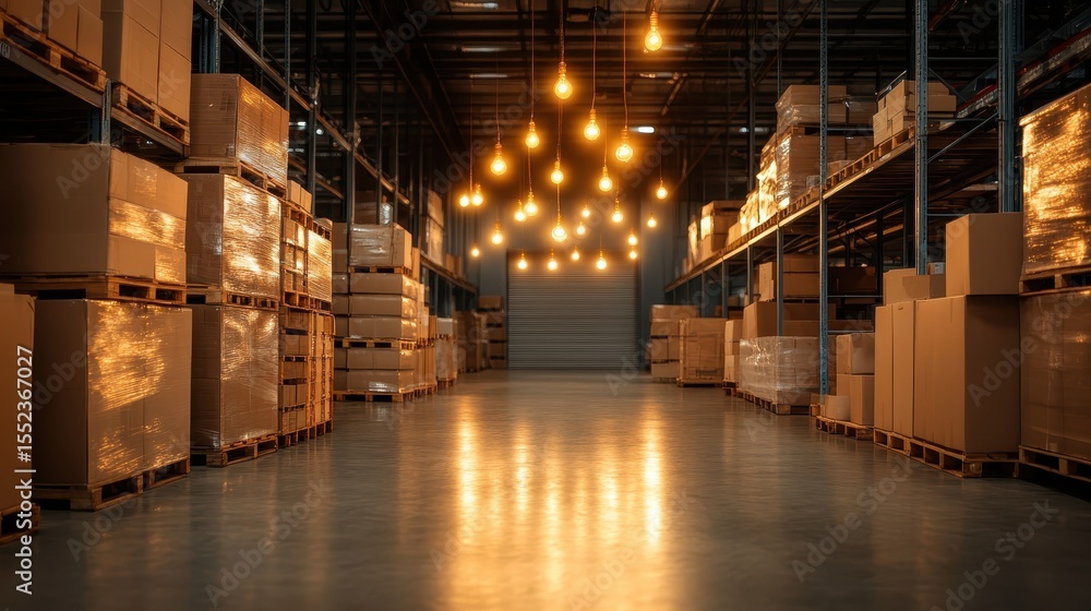 Poster an inviting view of neatly stacked cardboard boxes in a warehouse illuminated by warm lights, showca