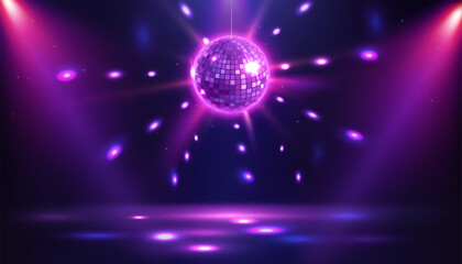 Night club with Disco ball rays. Dance floor room with mirror ball reflections and stage for parties and events. Neon glowing space for hangout and entertainment. Cartoon realistic vector illustration