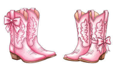 Vector illustration of, Pink Cowgirl Boots Set with Bows - Western Fashion Footwear
