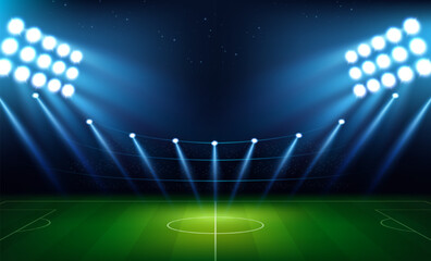 European football stadium. Soccer arena with green grass field, spotlights and lights. Night scene with sport game playground. Football championship or competition. Realistic 3D vector illustration © Rudzhan
