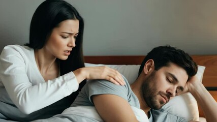 Concerned woman comforting upset man in bed