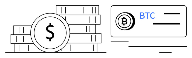 Stacked dollar coins and a Bitcoin card showcase financial diversity. Ideal for cryptocurrency, digital currency, finance, blockchain, e-commerce, fintech, savings. Minimalist flat metaphor