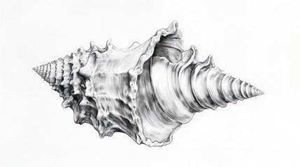 Detailed pencil drawing of a spiral sea shell on white background, intricate texture