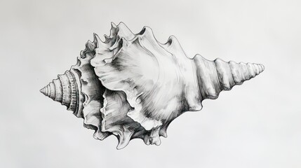 Detailed grayscale pencil drawing of a spiral seashell, exhibiting intricate textural shading and form