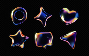 Naklejka na ściany i meble 3d glass icon. Transparent shapes with refraction and hologram effect. Glassmorphism elements with pin, heart, star and speech bubble. Realistic vector illustration collection isolated on background