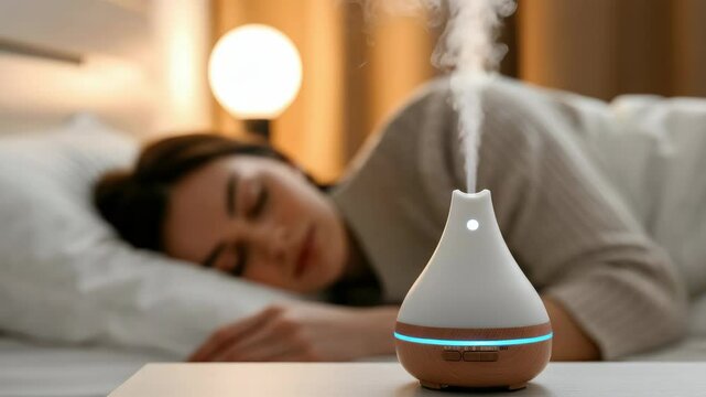 Woman sleeping peacefully next to lit essential oil diffuser