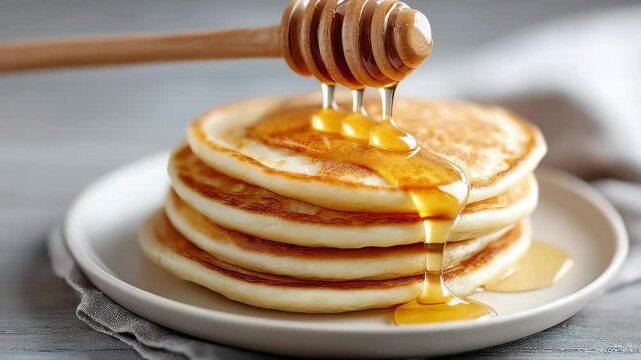 Golden syrup drizzling over fluffy pancake stack closeup