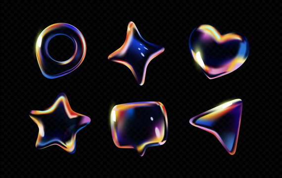 3d glass icon. Transparent shapes with refraction and hologram effect. Glassmorphism elements with pin, heart, star and speech bubble. Realistic vector illustration collection isolated on background