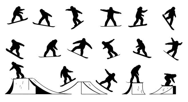 Black silhouettes showcase snowboarding stunts and action on ramps in winter sports designs.