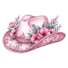  Pink Cowgirl Hat with Floral Decoration - Watercolor Vector Illustration