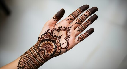 Beautifully detailed traditional henna design on a woman's hand, showcasing intricate floral and geometric patterns used in Indian celebrations and cultural events.