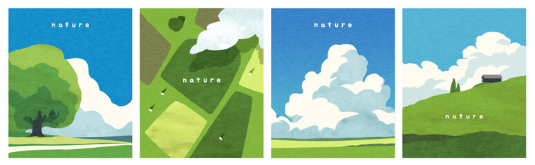 Fototapeta premium Set of Summer landscape posters. Flyers with beautiful natural countryside scenery with green fields, hills, trees and white clouds in sky. Flat vector illustration collection isolated on background