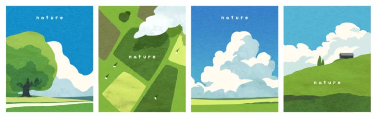 Fototapete Rund Weiß Set of Summer landscape posters. Flyers with beautiful natural countryside scenery with green fields, hills, trees and white clouds in sky. Flat vector illustration collection isolated on background  © Rudzhan