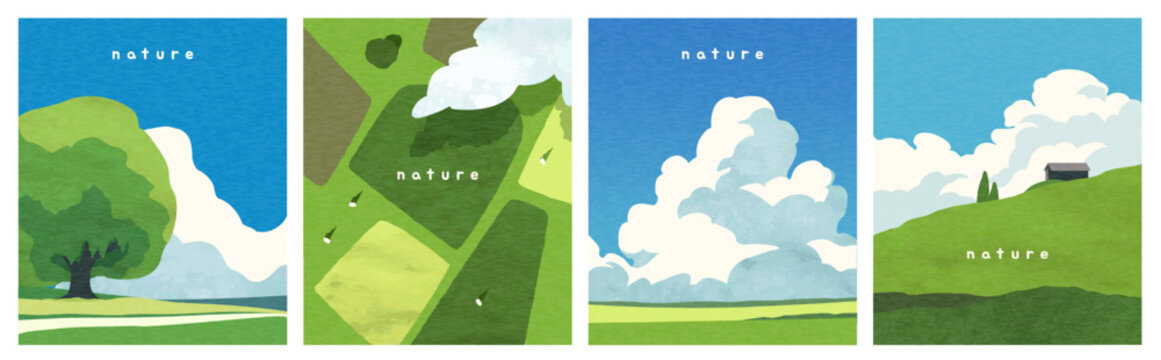 Set of Summer landscape posters. Flyers with beautiful natural countryside scenery with green fields, hills, trees and white clouds in sky. Flat vector illustration collection isolated on background