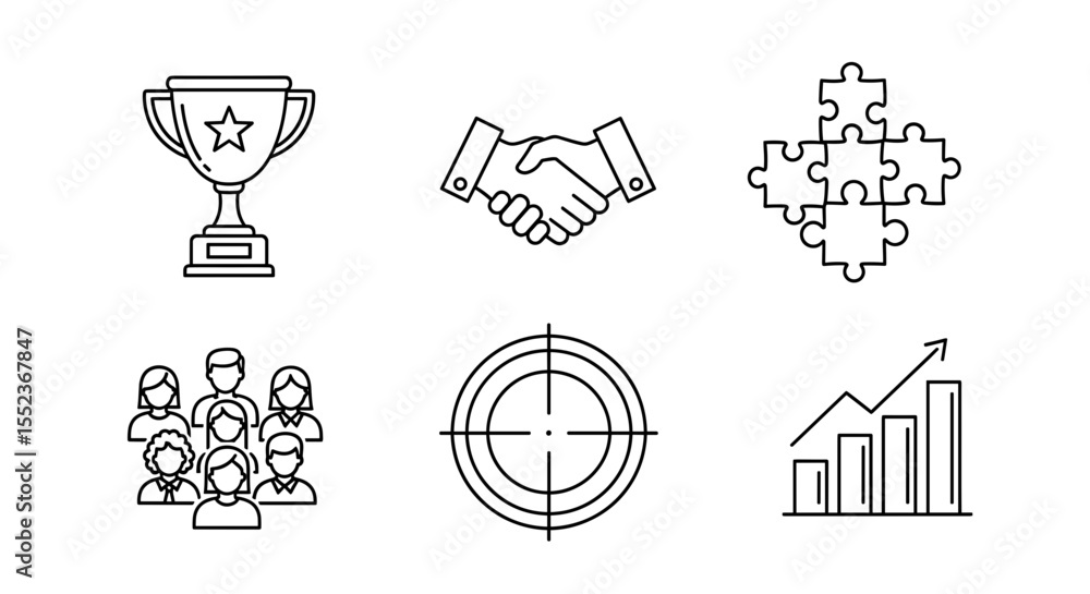 Poster six line art icons depicting business concepts such as teamwork success and collaboration in a group