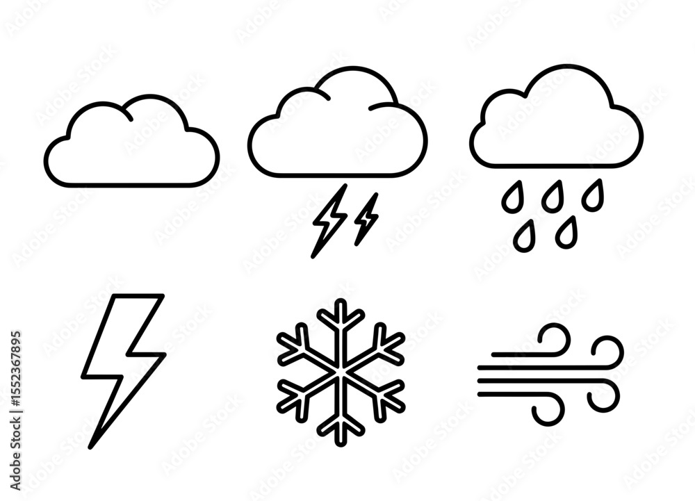 Poster weather icons depicting clouds lightning rain snowflake and wind in a graphic representation style