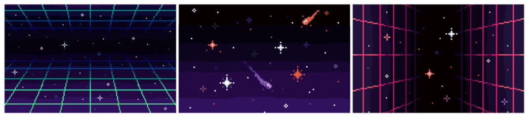 Set of 8 bit cyber space backgrounds. Retro futuristic pixel art banners with synthwave grid, stars, comets and outer space. Design for video games. Flat vector isolated illustration collection © Rudzhan