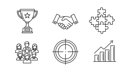 Six line art icons depicting business concepts such as teamwork success and collaboration in a group setting