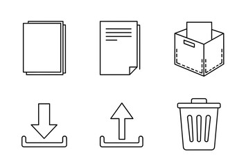 Illustrative depiction of document management icons featuring uploads, downloads, and recycling bin elements