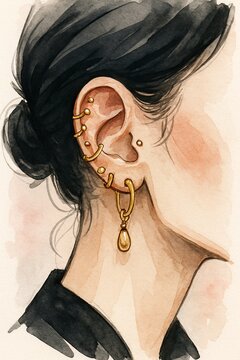 Watercolor Fashion Illustration of a Woman&rsquo;s Ear with Multiple Gold Piercings and Earrings &ndash; Elegant Hand-Drawn Style with Stylish Jewelry and Hair Details