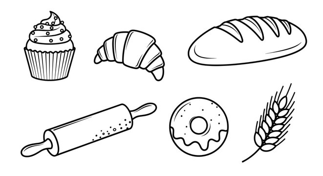 Assorted bakery items including cupcake croissant bread rolling pin donut and wheat illustration