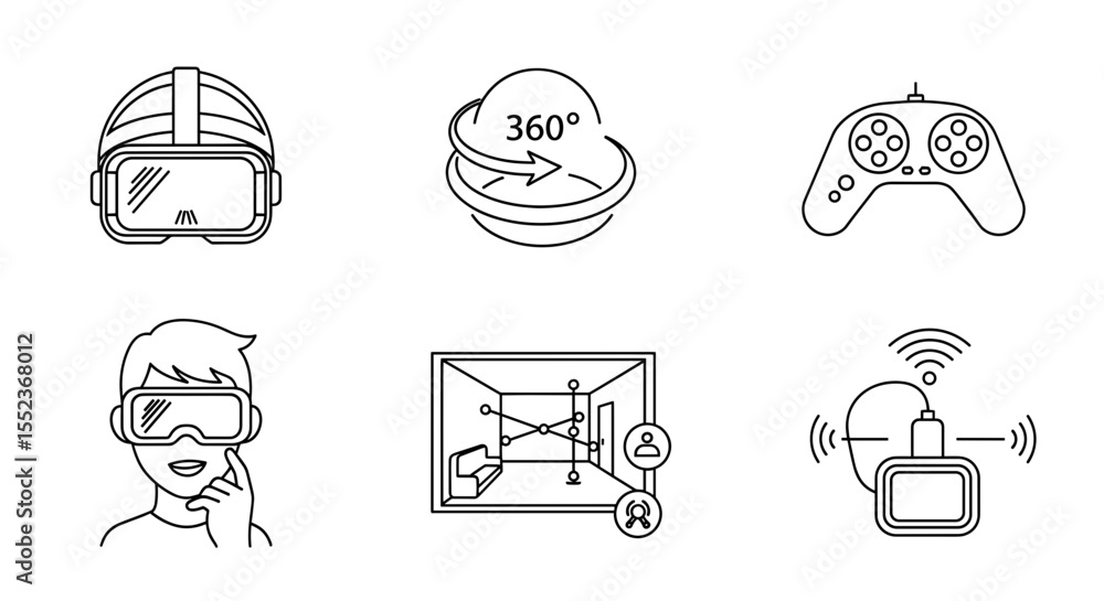 Poster collection of virtual reality related icons including headset controller and room mapping elements d