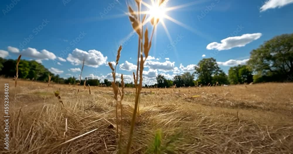 Poster low angle view of a sunlit field with dry grass blue sky and few clouds. the sun shines brightly cre